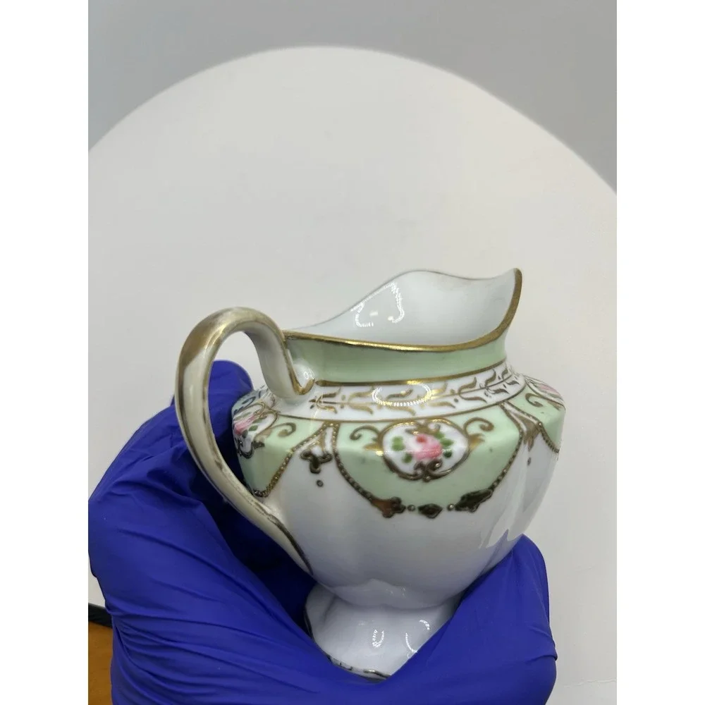 Cottagecore Hand Painted Porcelain Mini Creamer Floral Gold‎ Moriage Pink Green